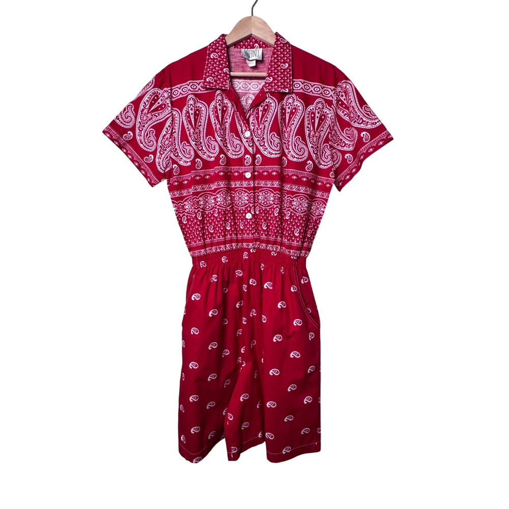 Vintage 80s/90s Sabino Red Bandana Paisley Romper Playsuit Size 10